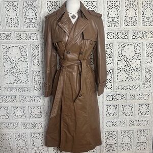 Vintage Etienne Aigner Brown Leather Longline Double Breasted Trench Coat Sz M